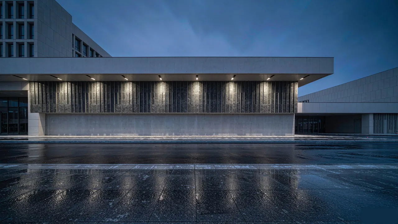 Building facade washed by weather-resistant outdoor LED luminaires at dusk.
